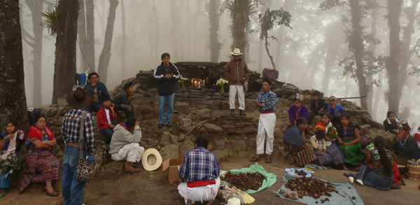 Ceremony held at the sacred natural site; “Chu Sqrib'al” located on top of the mountain which also hosts the communities “Rij Juyub' y Buena Vista” part of the municipality “San Andres Sajcabaja” in the “Quiché” district.  The sacred natural sites is of great spiritual and historic significance to the Maya as it is also mentioned in the “Popul Vuh”, one of the Mayas ancient spiritual scriptures. Source: Bas Verschuuren, 2012.